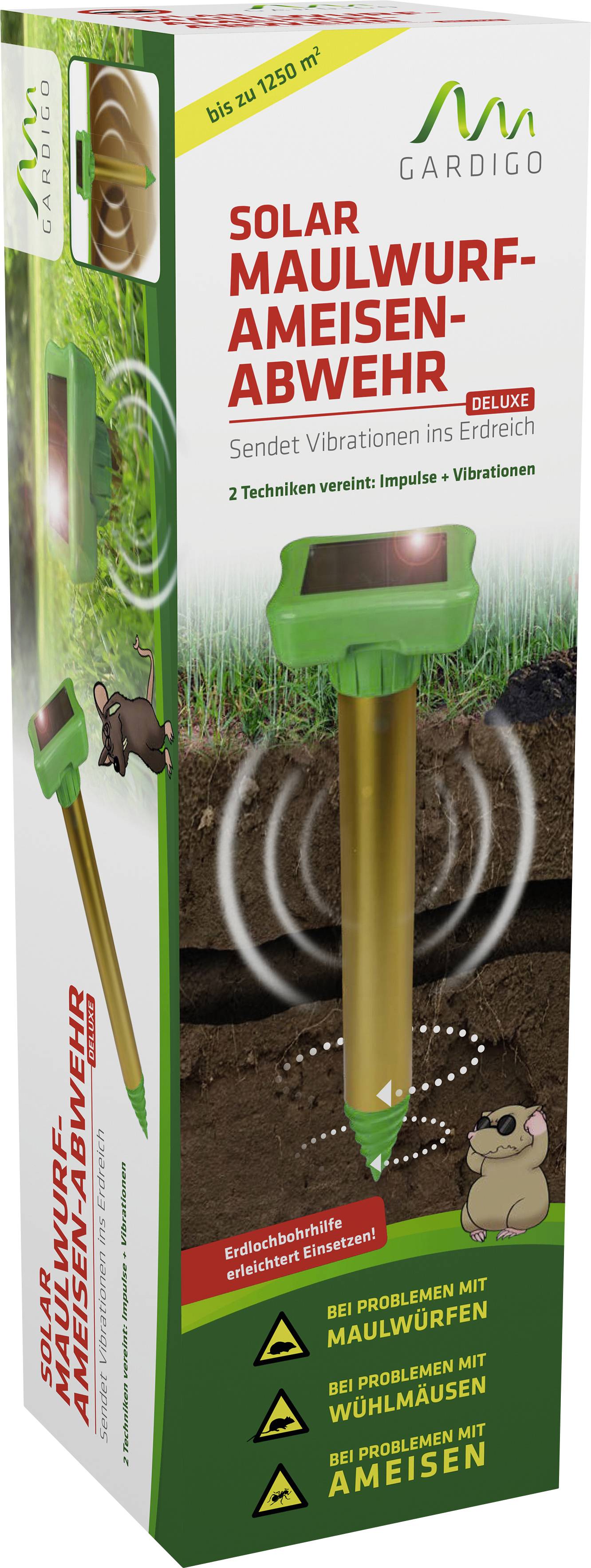 'Gardigo Solar Maulwurf-Ameisen-Abwehr Deluxe', ein Gerät zur Vertreibung von Maulwürfen und Ameisen durch Vibrationen im Erdreich.