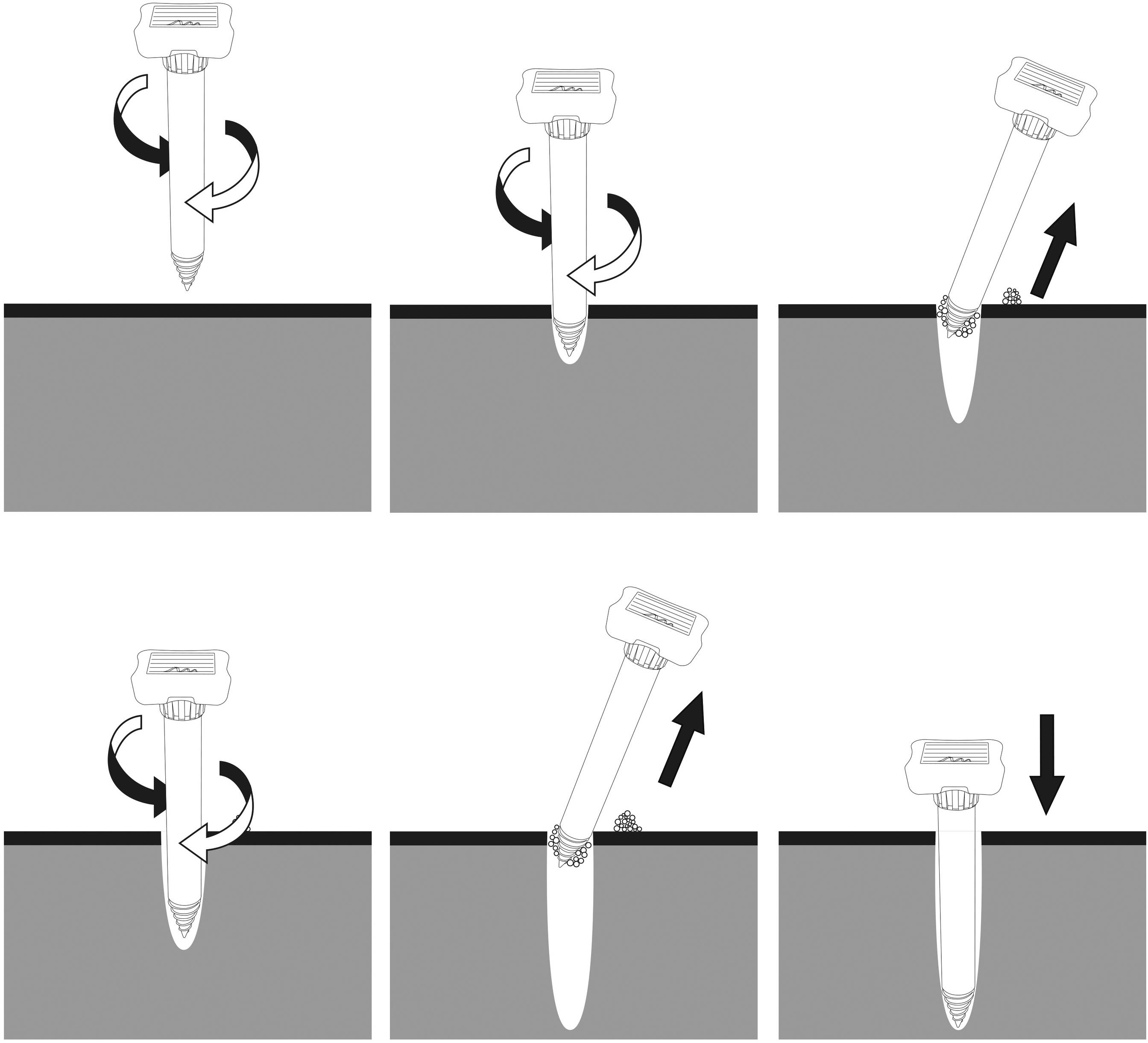 Illustration eines Schraubenziehers, der eine Schraube in sechs Schritten einschraubt: Drehung, Senken, Anziehen, Lösen, Entnahme.