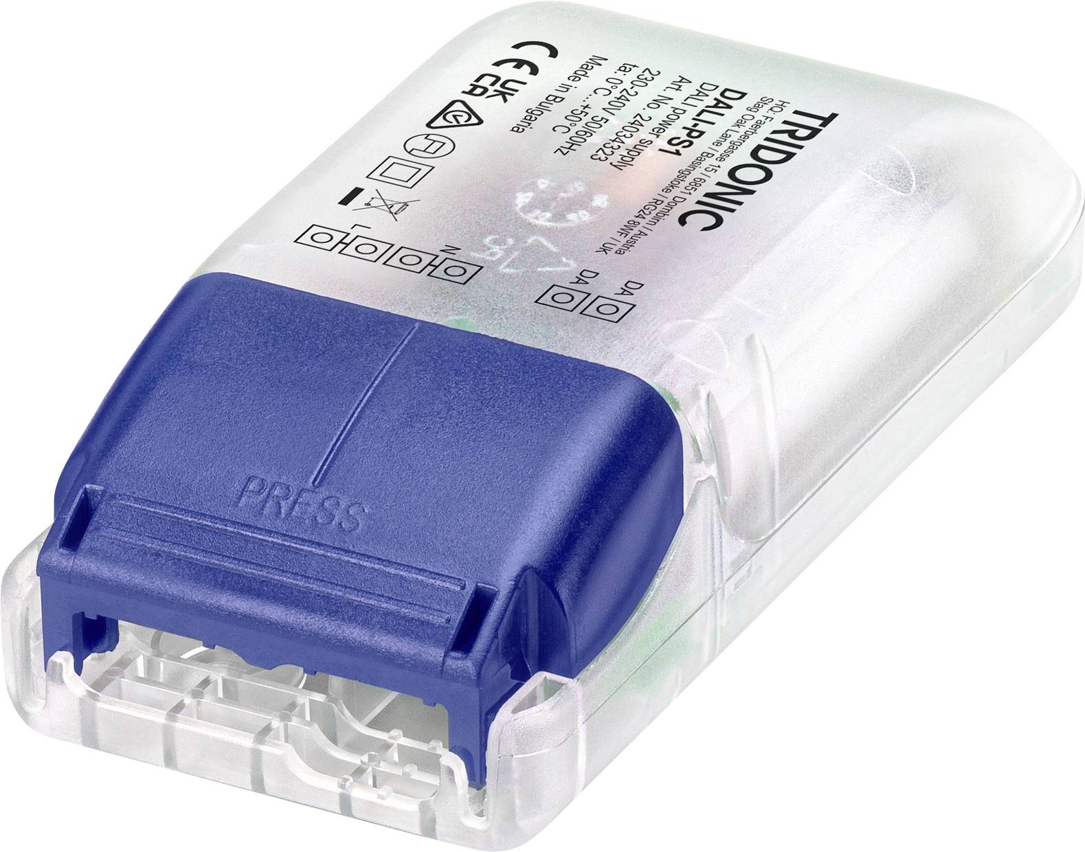 Ein elektronisches Vorschaltgerät der Marke Tridonic mit blauer Abdeckung und Bedienungsanleitungssymbolen auf der durchsichtigen Hülle.