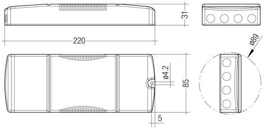 Technische Zeichnung eines rechteckigen Geräts mit Maßen: Länge 220 mm, Breite 85 mm, Höhe 31 mm. Detailansicht eines seitlichen Knopfes mit 4 symmetrischen Kreisen.