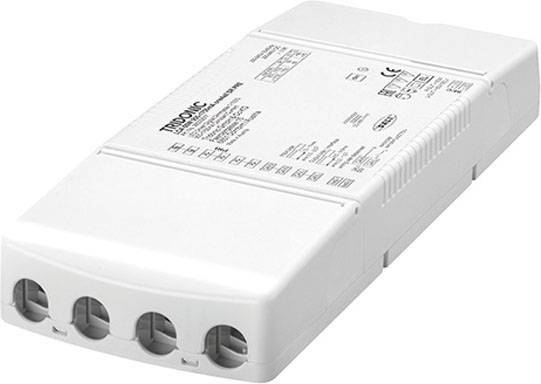 Ein rechteckiges, weißes elektronisches Gerät mit mehreren Anschlüssen an einer Seite. Technische Informationen sind aufgedruckt.