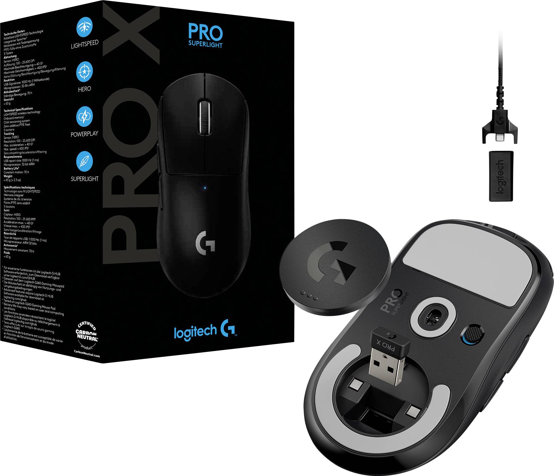 Logitech PRO X SUPERLIGHT Gaming-Maus Funk Optisch Schwarz 5 Tasten 16000 dpi Wiederaufladbar