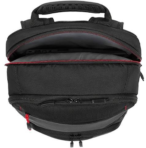 Schwarzer Rucksack, geöffnet, zeigt Hauptfach mit grauem Innenfutter und mehreren Reißverschlusstaschen, rote Akzente sichtbar.