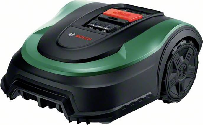 Roboter-Rasenmäher in Grün und Schwarz mit Bosch-Logo auf der Oberseite.