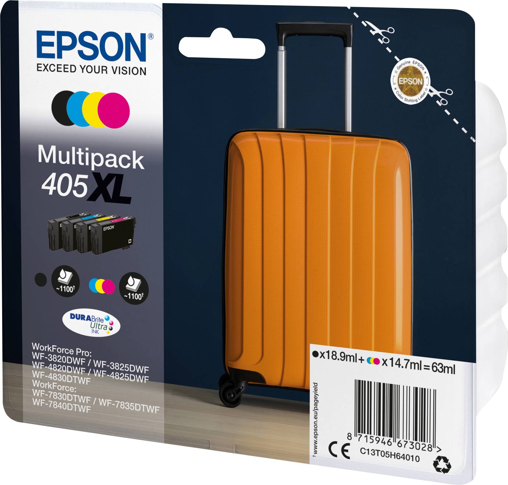Multicolor Epson XL 405 Tintenpatronen-Multipack-Verpackung mit Abbildung eines orangefarbenen Koffers, geeignet für bestimmte Druckermodelle.