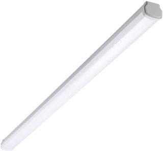 Eine moderne, lange LED-Leuchte mit weißem Gehäuse, geeignet zur Deckenmontage, zeigt eine diagonale Ansicht.