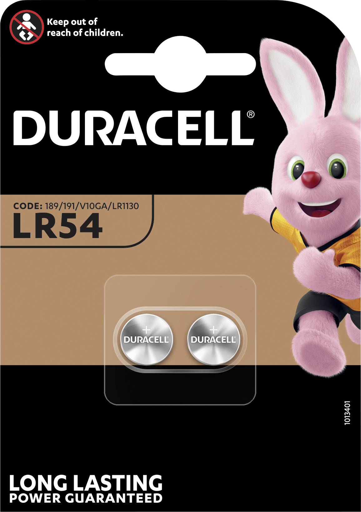Eine Verpackung mit zwei Duracell-Batterien vom Typ LR54. Rechts ist ein rosa Hase abgebildet. Text oben: 'Keep out of reach of children'.
