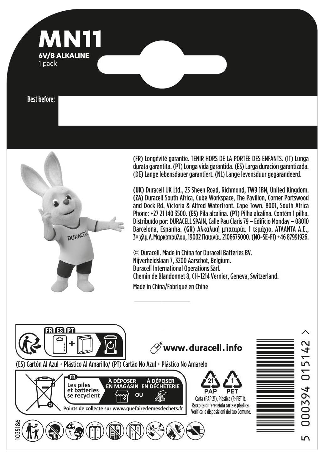 Packung mit einer Duracell MN11 Alkaline-Batterie, 6V. Mit Duracell-Hasen-Motiv. Warnhinweise und Herstellungsdetails enthalten.