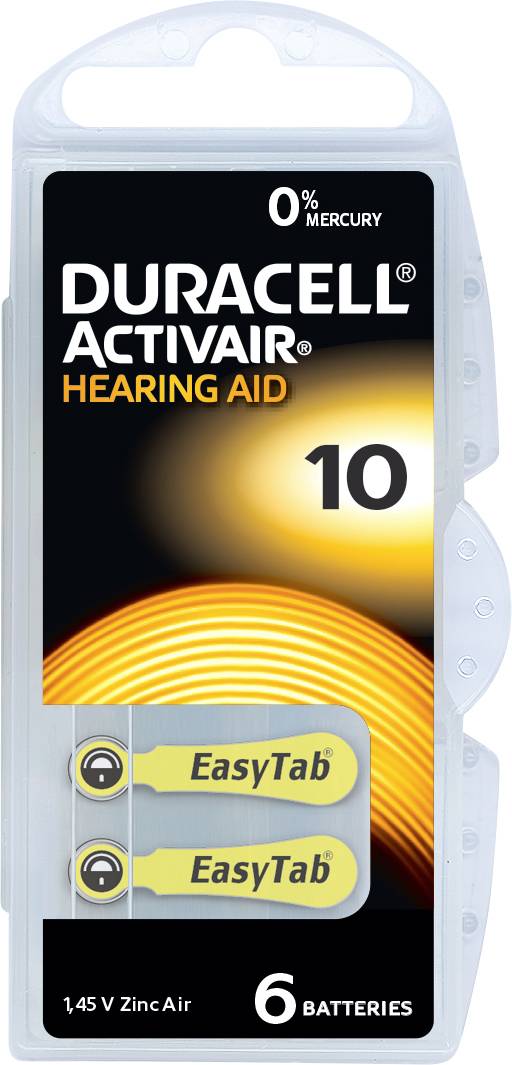 Duracell Activair Hörgerätebatterien in Größe 10, quecksilberfrei, Verpackung mit sechs Batterien und gelbem EasyTab für einfache Handhabung.