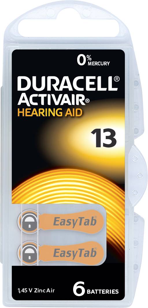 'DURACELL ACTIVAIR Hearing Aid 13' Batterien, 6 Stück, 1,45 V Zinc Air, 0% Quecksilber, für Hörgeräte, Verpackung mit zwei sichtbaren Batterien.