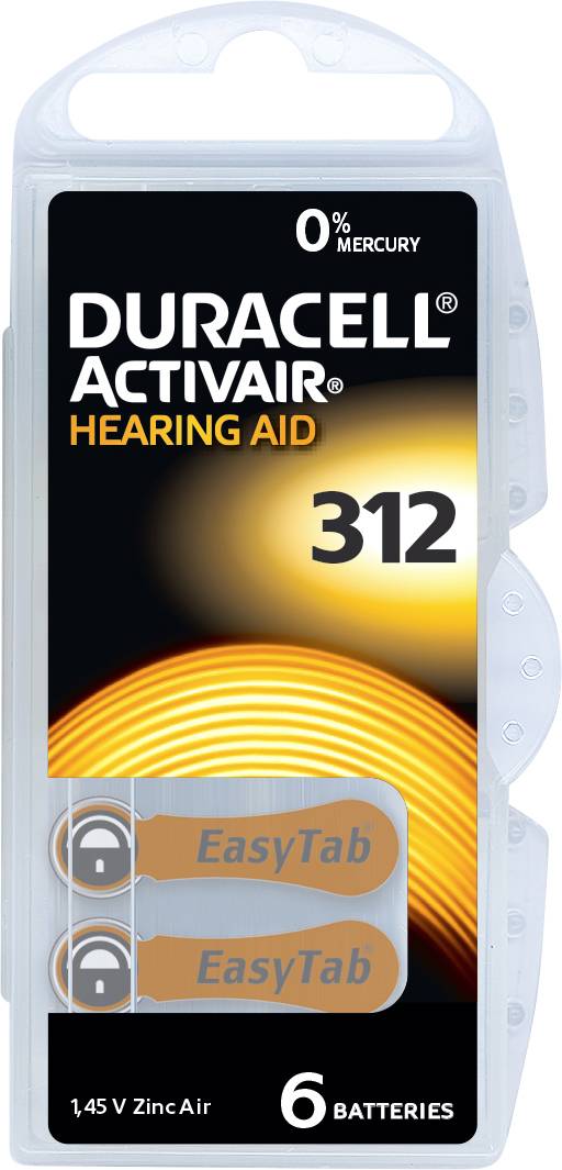 Duracell Activair Hörgerätebatterien, Typ 312, 6 Stück. Verpackung mit orangenen EasyTabs für einfaches Einsetzen. Merkstoff: Quecksilberfrei.
