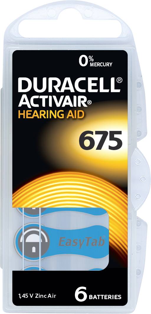 Bild eines Duracell ActivAir Hörgeräte-Batteriepakets. Enthält sechs Batterien des Typs 675.