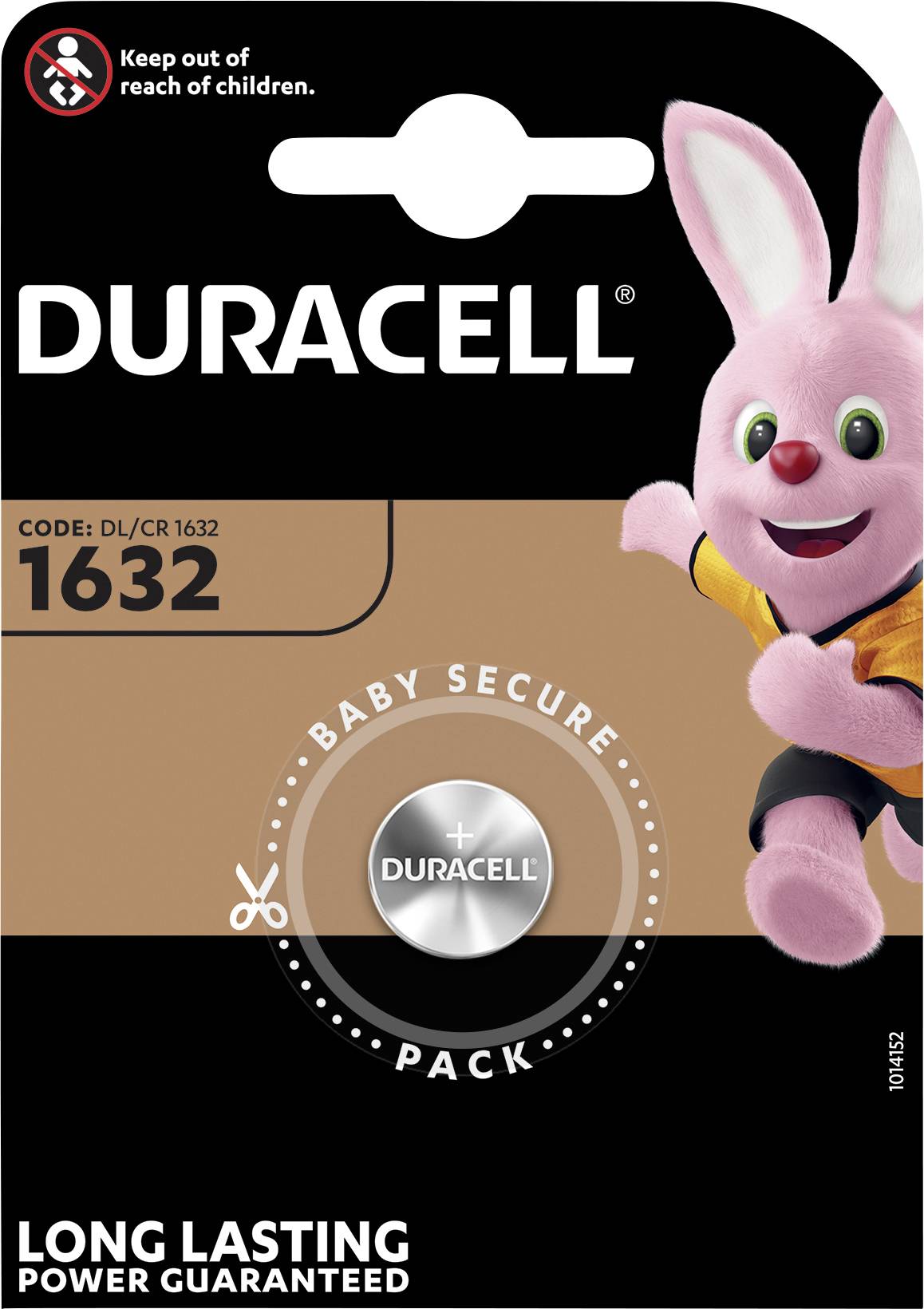 Duracell-Batterie der Größe 1632 in Verpackung mit rosa Hase als Maskottchen. Hinweis: 'Außer Reichweite von Kindern aufbewahren'.