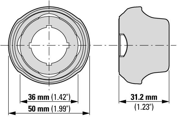 Diagramm eines ovalen Objekts mit den Maßen: Breite 36 mm (1,42 Zoll), Länge 50 mm (1,99 Zoll), Tiefe 31,2 mm (1,23 Zoll).