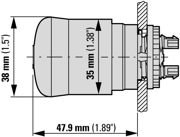 Seitlicher Schnitt eines zylindrischen Geräts mit Maßen: Höhe 38 mm, Durchmesser 35 mm, Gesamtlänge 47,9 mm, inklusive Schrauben.