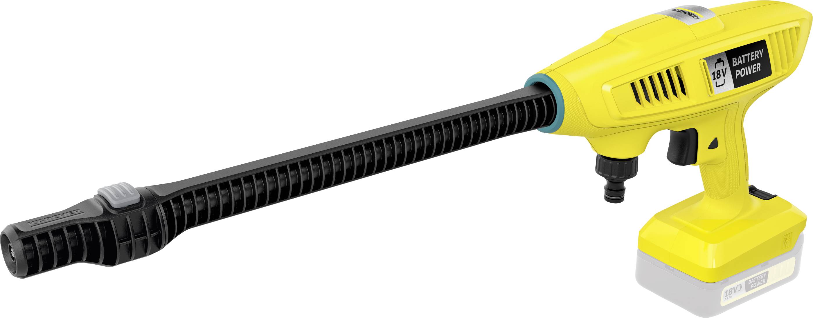 Gelber Hochdruckreiniger mit langem schwarzem Schlauch und abnehmbarer Batterie.