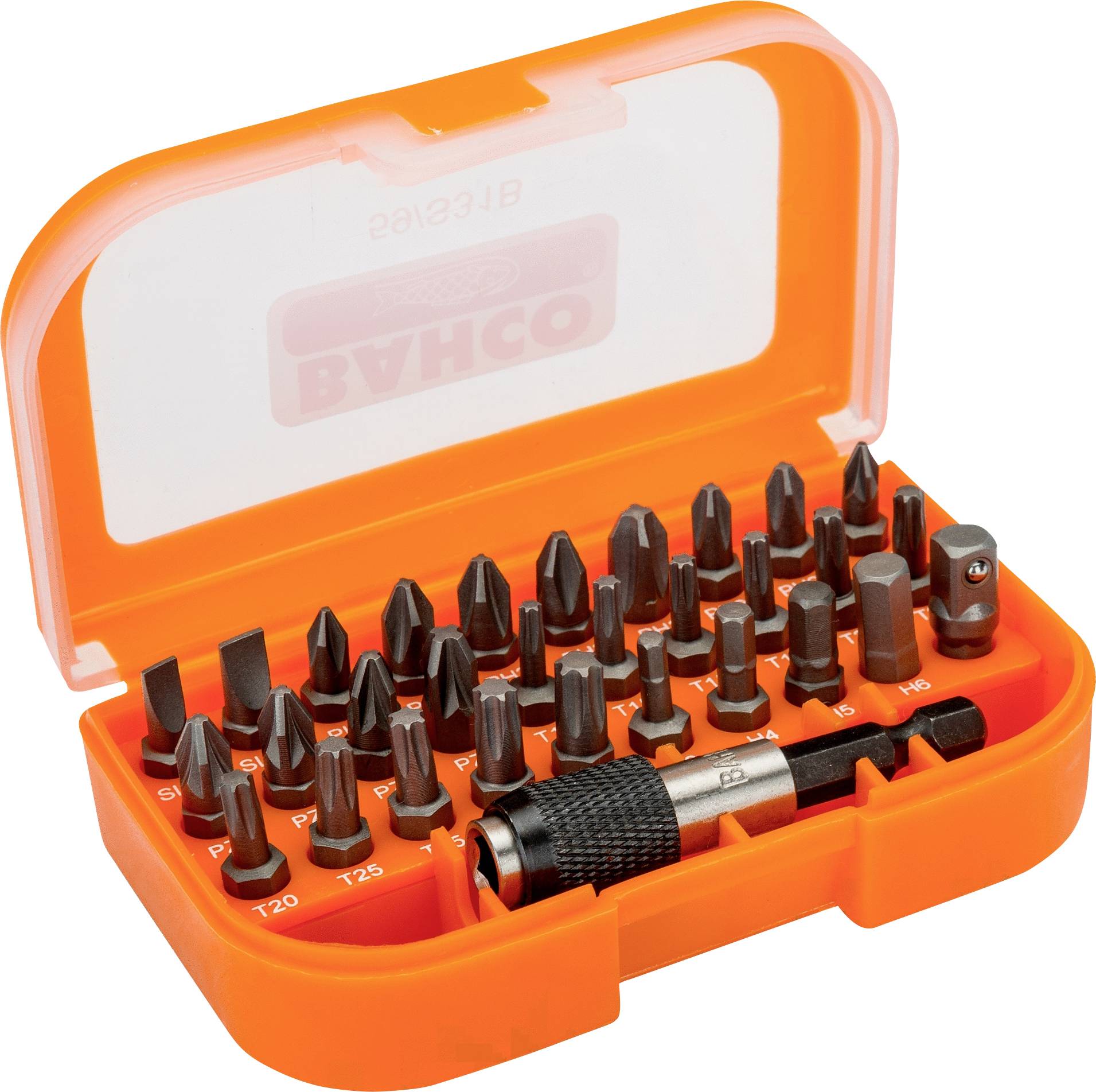 Satz mit mehreren Schraubendreherbits in verschiedenen Formen, zusammen mit einem Schraubenziehergriff, in einer orangefarbenen Kunststoffbox.