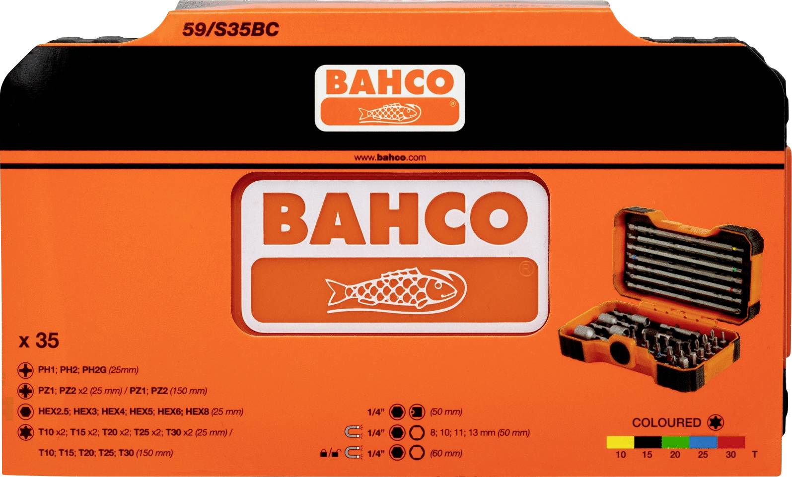 Bahco 59/S35BC Bit-Set 35teilig Schlitz, Kreuzschlitz Phillips, Kreuzschlitz Pozidriv, Sechskant, Außen-Sechsrund (TX)