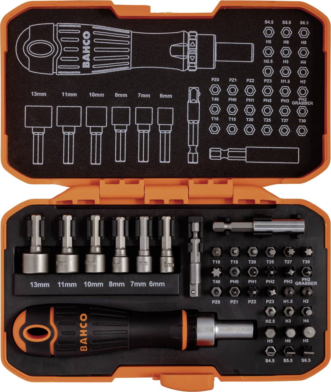 Bahco 59/S36BCR Bit-Set 36teilig Schlitz, Kreuzschlitz Phillips, Kreuzschlitz Pozidriv, Sechskant, Außen-Sechsrund (TX)