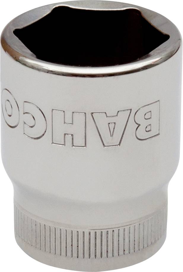 Ein silberfarbener Sechskant-Schraubenschlüsselaufsatz mit eingraviertem 'BAHCO'.