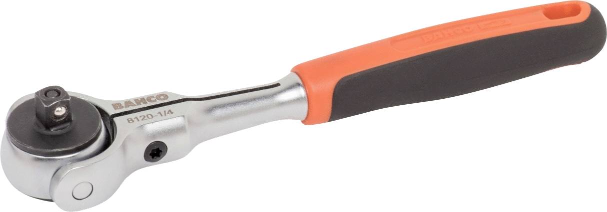 Ratsche mit schwarzem Griff und orangem Ende, glänzendes Metall, geeignet für Steckschlüsselwechsel, Marke oben auf dem Werkzeug.