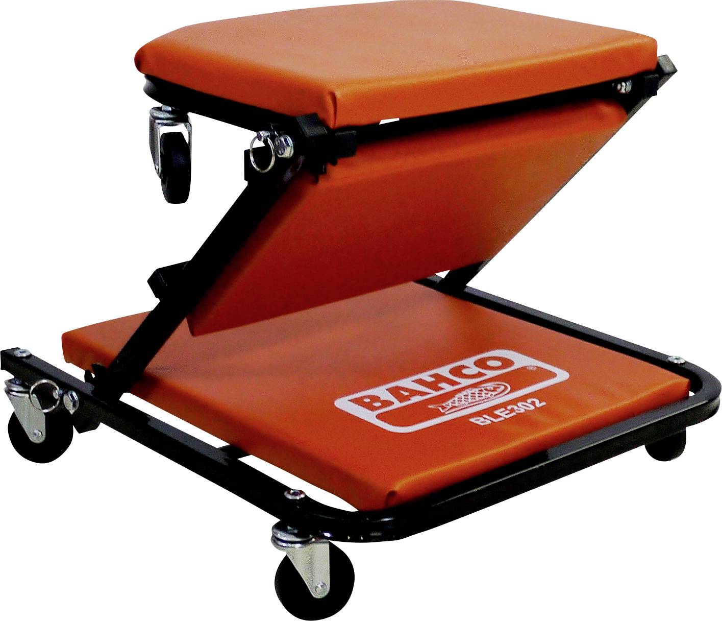 'Banco BLE302' orange Werkstatthocker mit gepolstertem Sitz und Rollen für einfache Bewegung in Werkstätten geeignet.