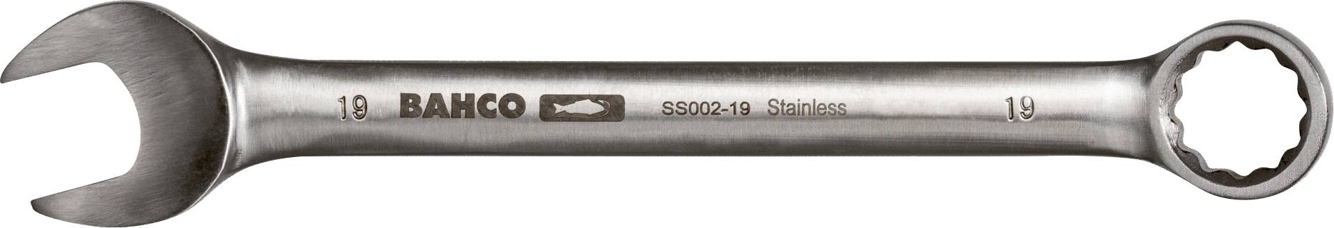 Ein metallener Schraubenschlüssel mit offener und ringschlüssiger Seite, Größe 19. Marke 'Bahco', aus Edelstahl.