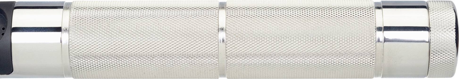 Eine silberne rutschfeste Metallgriffstange mit feiner Riffelung und schwarzen Endkappen.