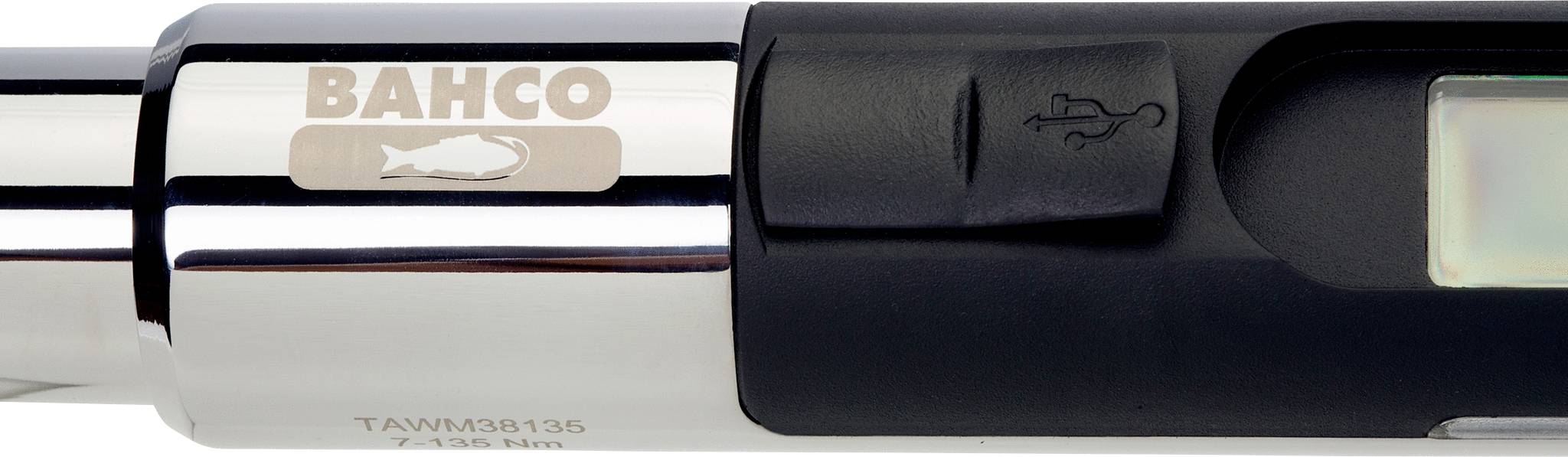 Nahaufnahme eines Teils eines Werkzeugs mit der Aufschrift 'BAHCO' und einem Fischsymbol. Es gibt einen USB-Anschluss auf der rechten Seite.