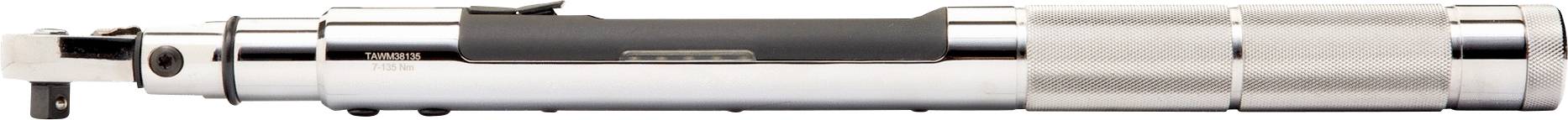 Ein silberner Drehmomentschlüssel mit schwarzem Griff, in horizontaler Ausrichtung.