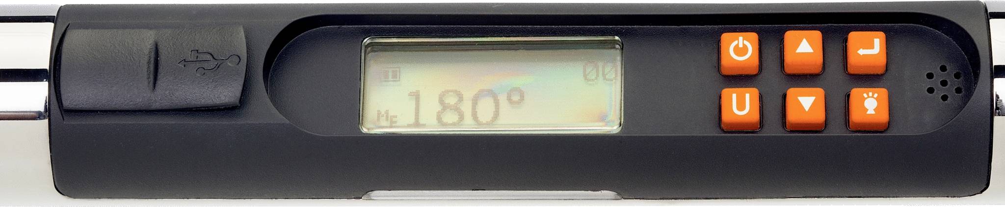 Digitales Multifunktionswerkzeug mit LED-Display zeigt 180 Grad an. Rechts befinden sich sechs orangefarbene Bedientasten.