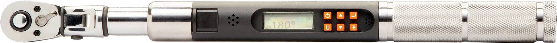 Drehmomentschlüssel mit digitaler Anzeige und beleuchteten Tasten, zeigt Messwerte an. Silberfarbenes und schwarzes Design.