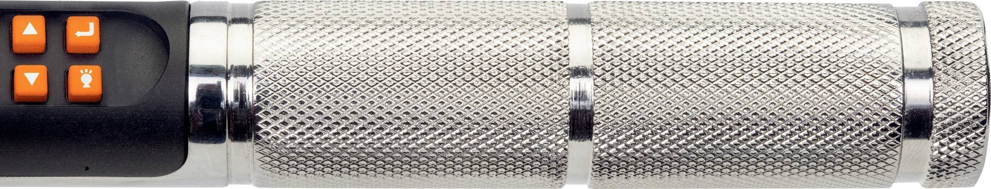 Metallische Taschenlampengriff mit strukturiertem, rutschfestem Design und vier orangen Tasten für die Bedienung.