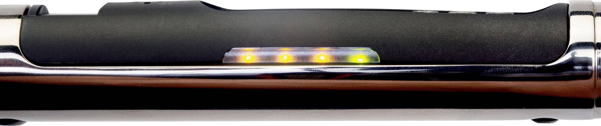 Ein elektronisches Gerät mit einer Reihe von vier kleinen, leuchtenden LEDs in den Farben Grün, Gelb und Rot auf schwarzem Hintergrund.