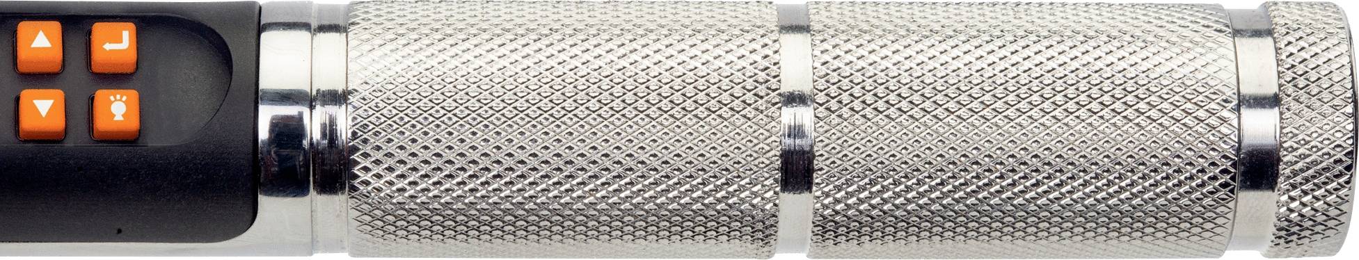 Metallischer Griff mit strukturierter Oberfläche und orangenen quadratischen Tasten auf der Seite.