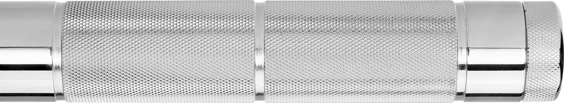 Ein silberner, zylindrischer Metallgriff mit strukturierter Oberfläche für besseren Halt. Geeignet für Fitness- oder Sportgeräte.