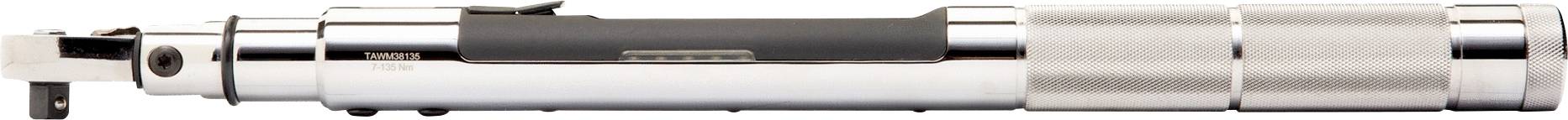 Ein silberfarbener, zylindrischer Drehmomentschlüssel mit schwarzem Griff. Verwendet für präzises Anziehen von Schrauben und Muttern.