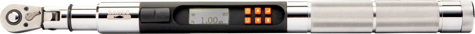 Digitaler Drehmomentschlüssel in Nahaufnahme, zeigt ein digitales Display mit Zahlen und Bedienelementen auf metallischem Gehäuse.