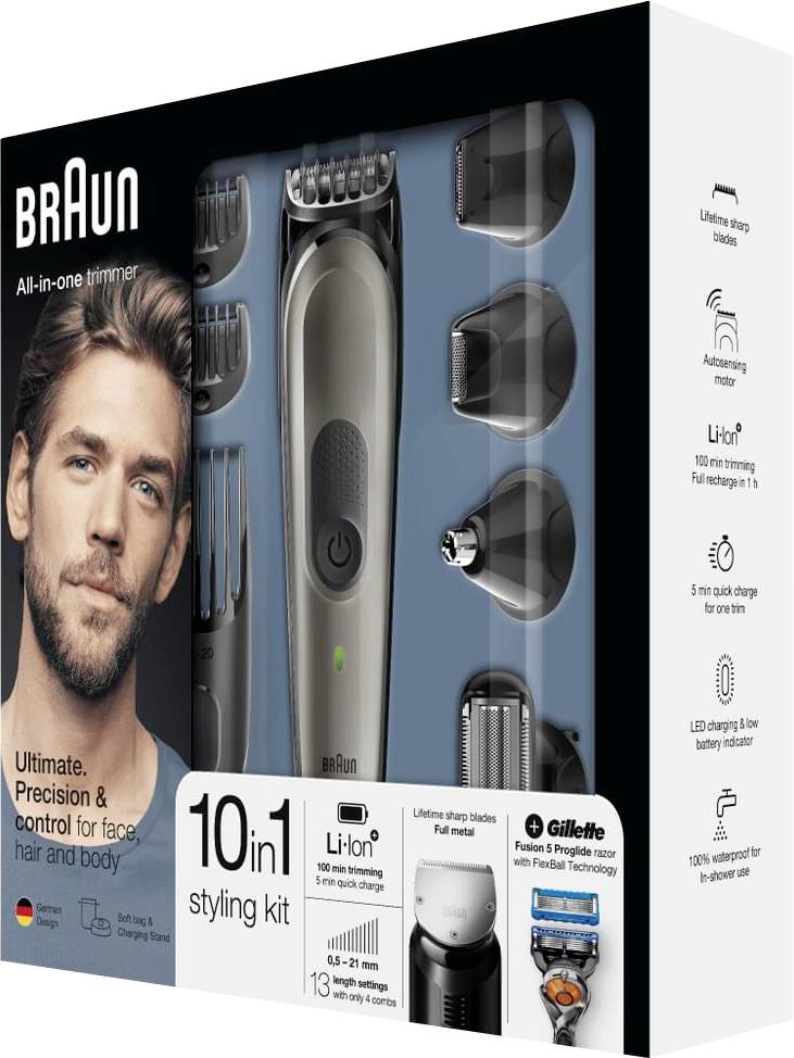 Braun MGK7021 Bartschneider, Körperhaartrimmer, Ohr-, Nasenhaartrimmer abwaschbar Silber