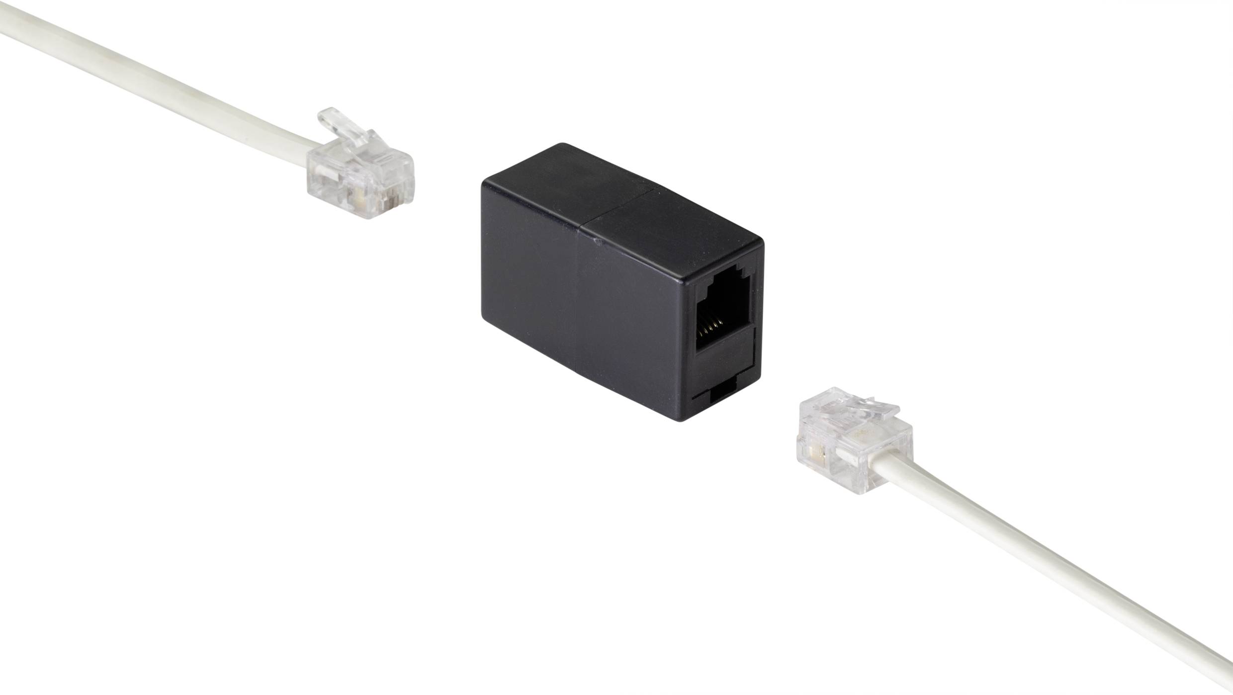 Zwei Telefonkabel mit RJ11-Steckern, verbunden durch einen schwarzen Adapter in der Mitte. Adapter hilft bei der Verlängerung der Kabel.