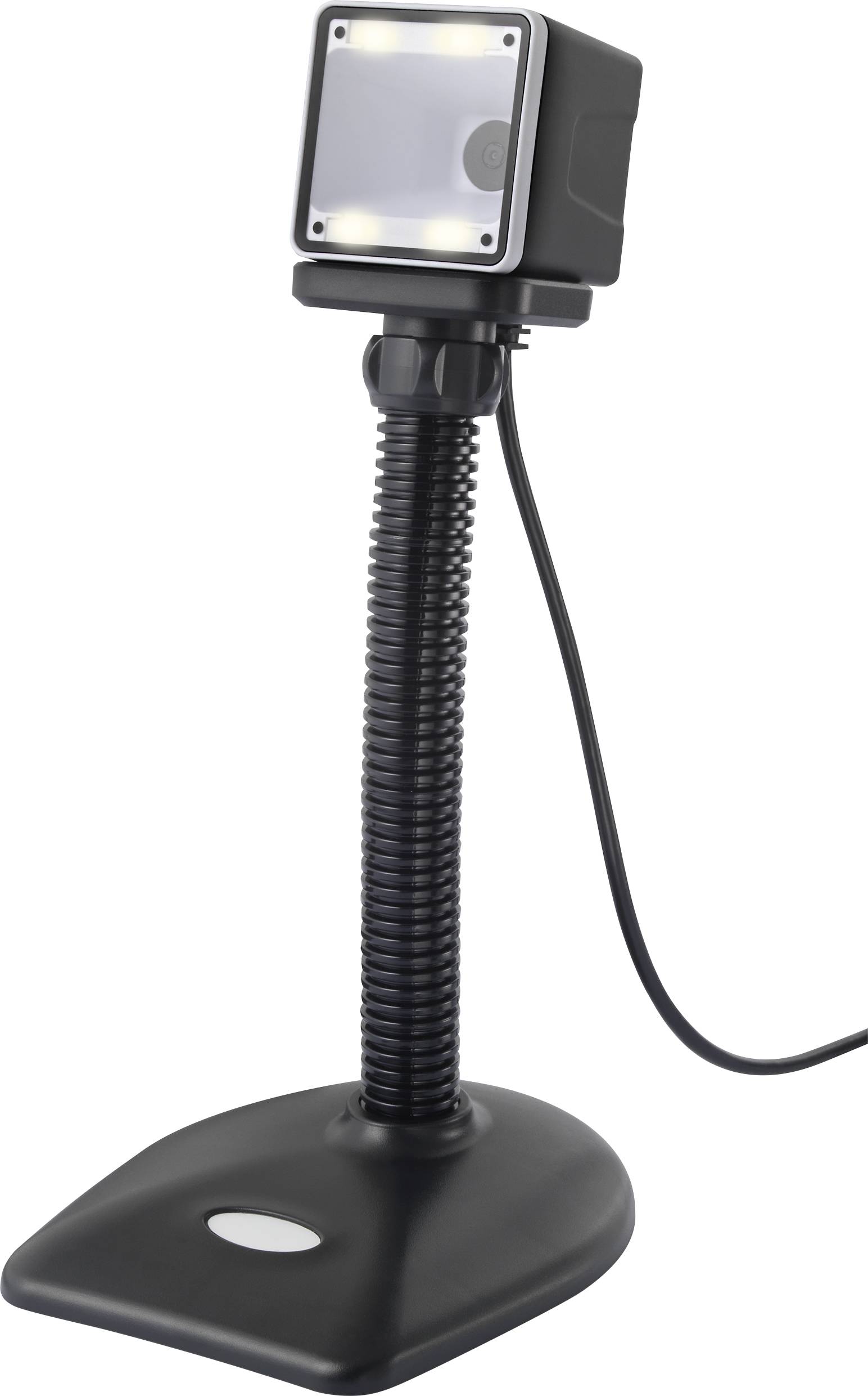 Ein schwarzer Barcode-Scanner steht aufrecht auf einem flexiblen Ständer.
