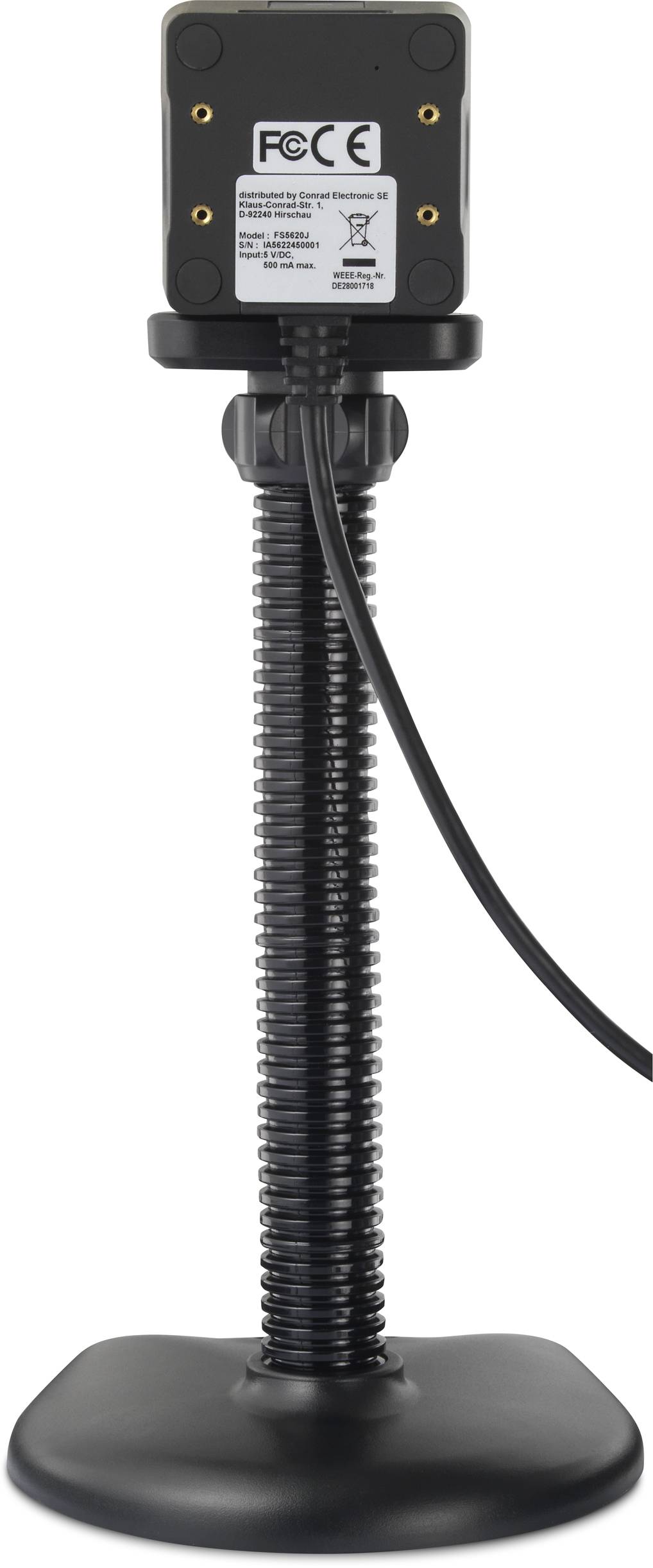 Kamera auf verstellbarem Ständer mit schwarzem Gehäuse und Kabel. Auf der Rückseite sichtbar: FCC-Zertifizierungsetikett.