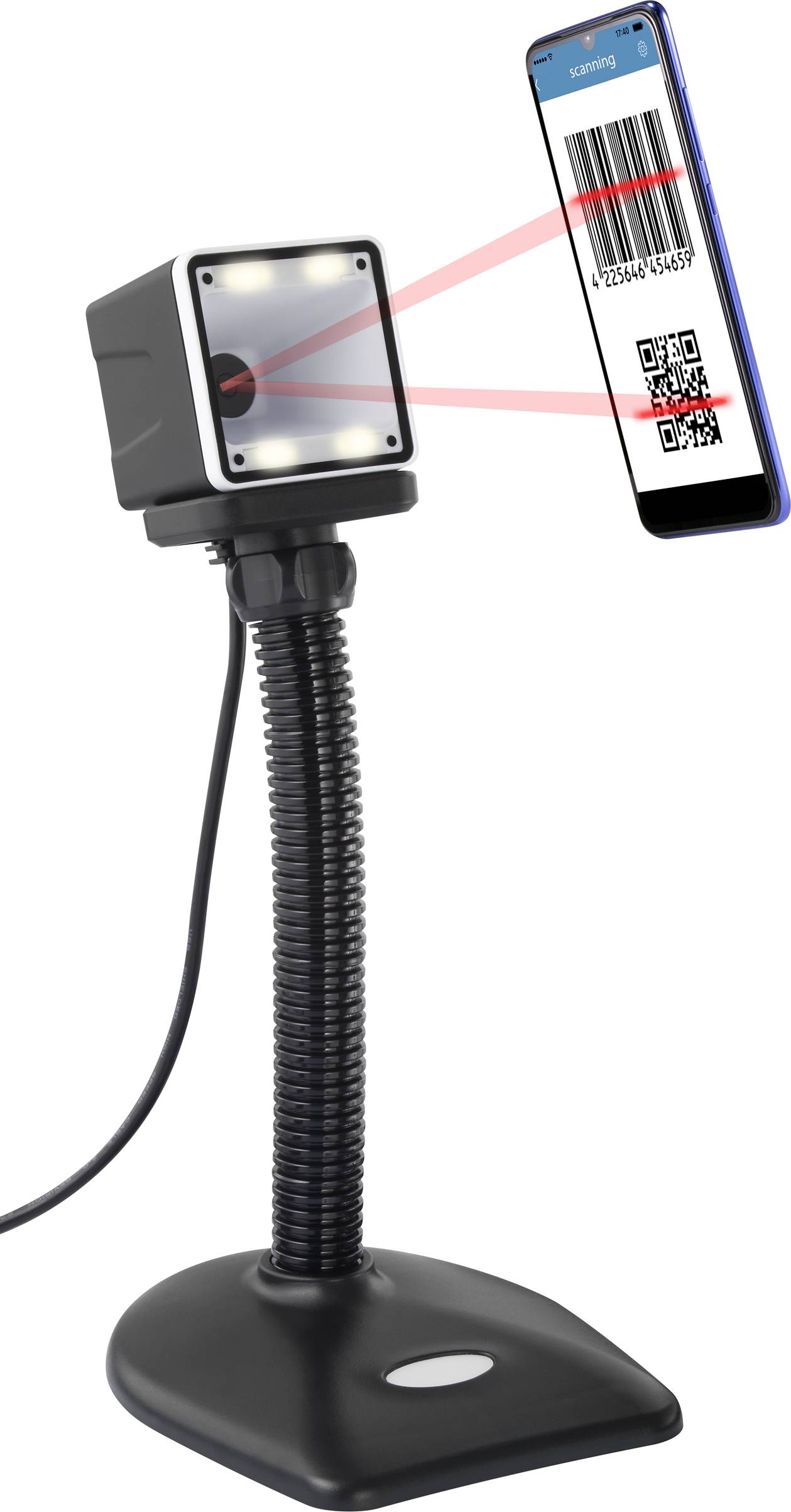 Ein Barcodescanner erfasst den Barcode eines Smartphones. Der Bildschirm zeigt 'Scanning' und die Barcode-Nummer '123456-543210'.