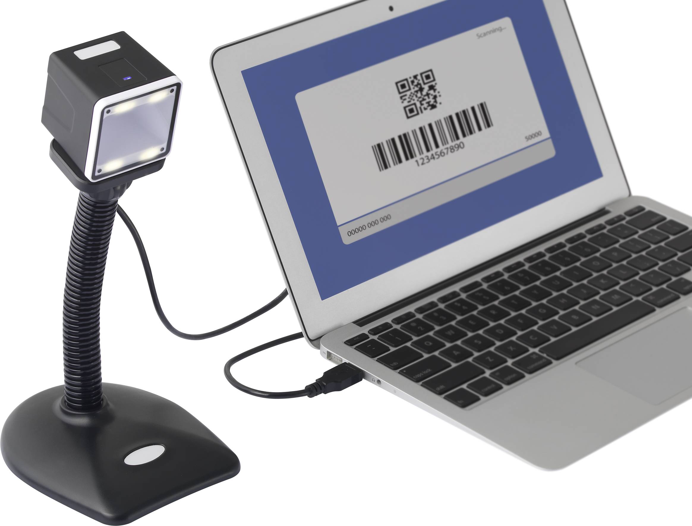 Ein Barcode-Scanner ist mit einem Laptop verbunden, auf dessen Bildschirm ein Barcode samt Nummer angezeigt wird.