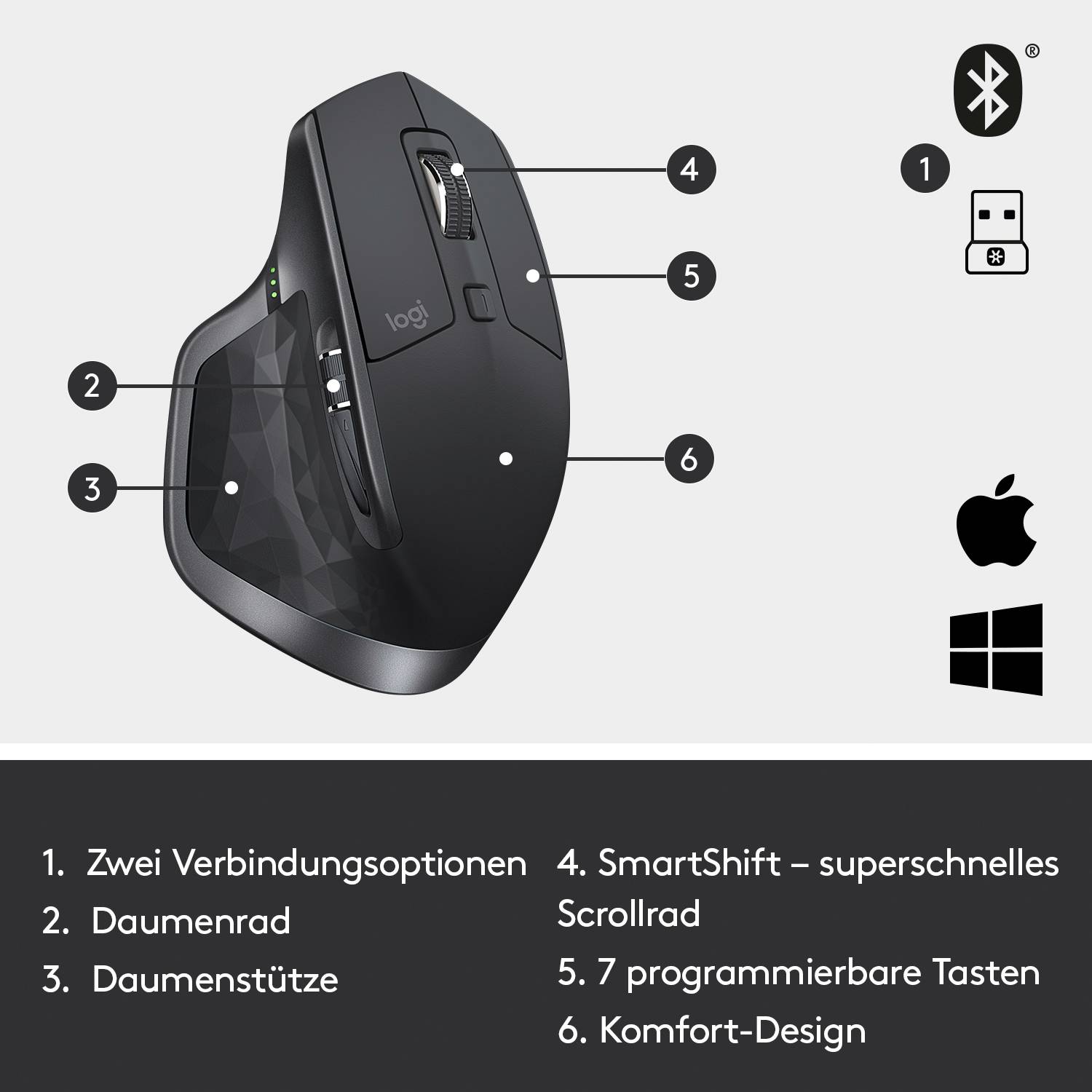 Logitech MX Master 2S Ergonomische Maus Funk Laser Schwarz 5 Tasten 4000 dpi Ergonomisch