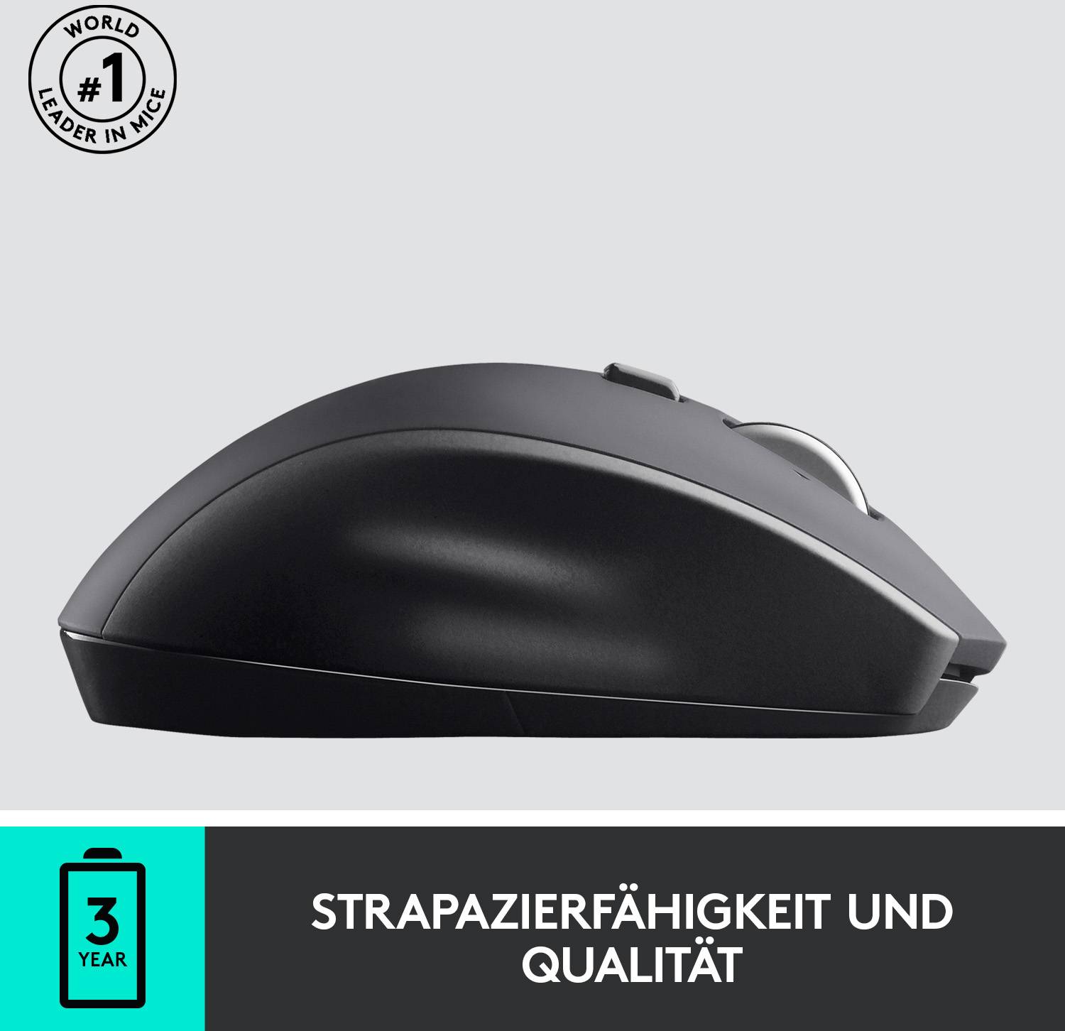 Schwarze Computermaus von der Seite. Text darunter: 'Strapazierfähigkeit und Qualität'. 3-Jahres-Garantie angegeben.