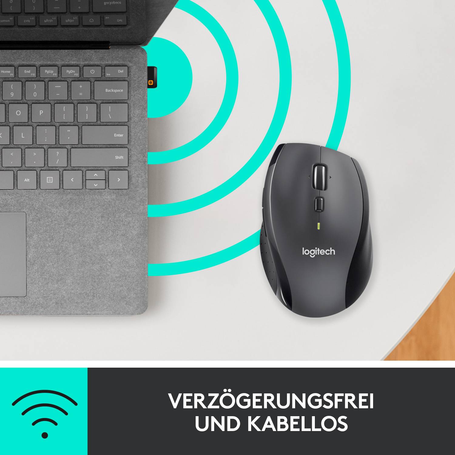 Laptop und kabellose Maus mit Wi-Fi-Symbol darunter. Text: 'Verzögerungsfrei und kabellos'. Symbolisiert kabellose Verbindung.