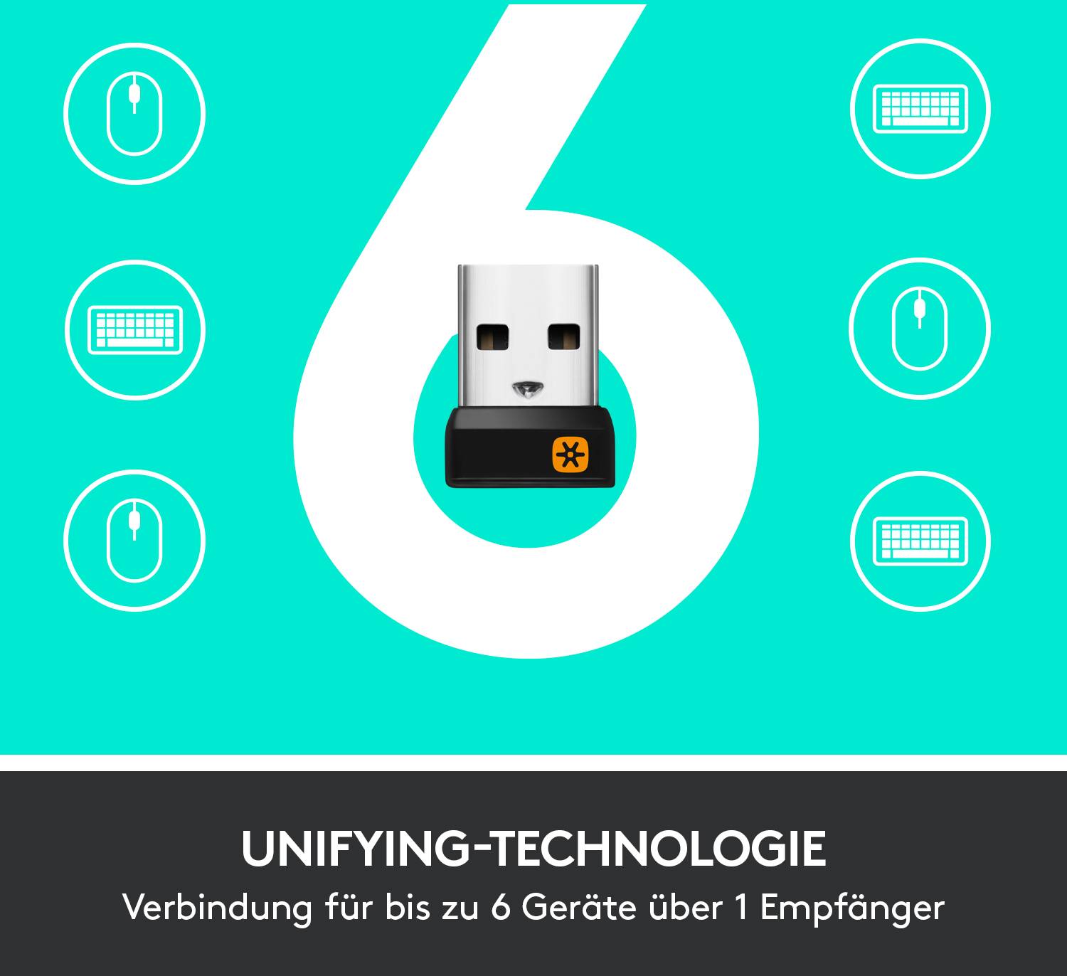 Ein USB-Empfänger mit der Aufschrift '6' symbolisiert die Verbindung von bis zu 6 Geräten mit einem Unifying-Empfänger.