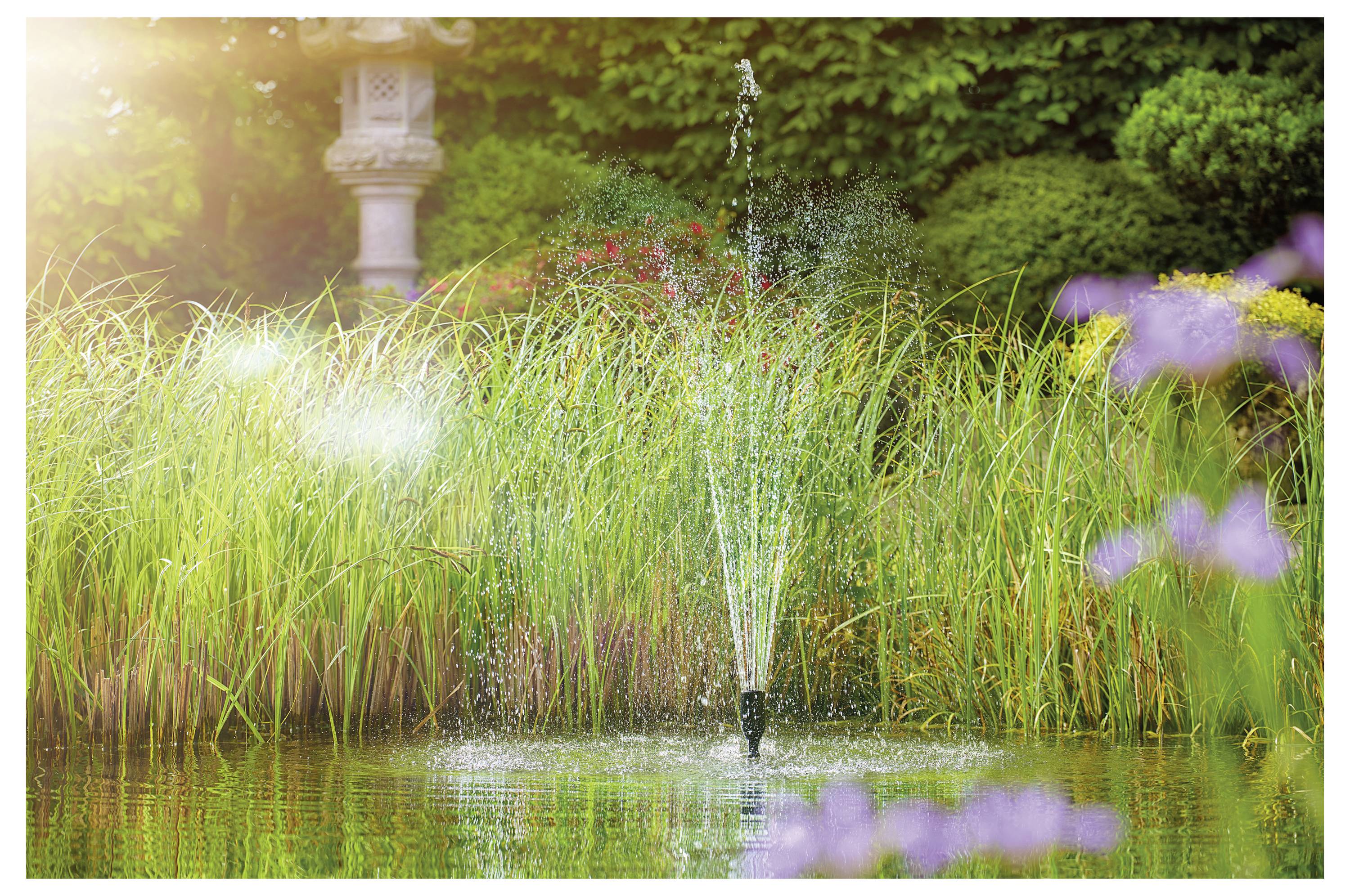 Eine ruhige Gartenszene mit einem zentralen Brunnen, der Wasser versprüht, umgeben von hohem Gras und üppiger Vegetation, unter weichem Sonnenlicht.