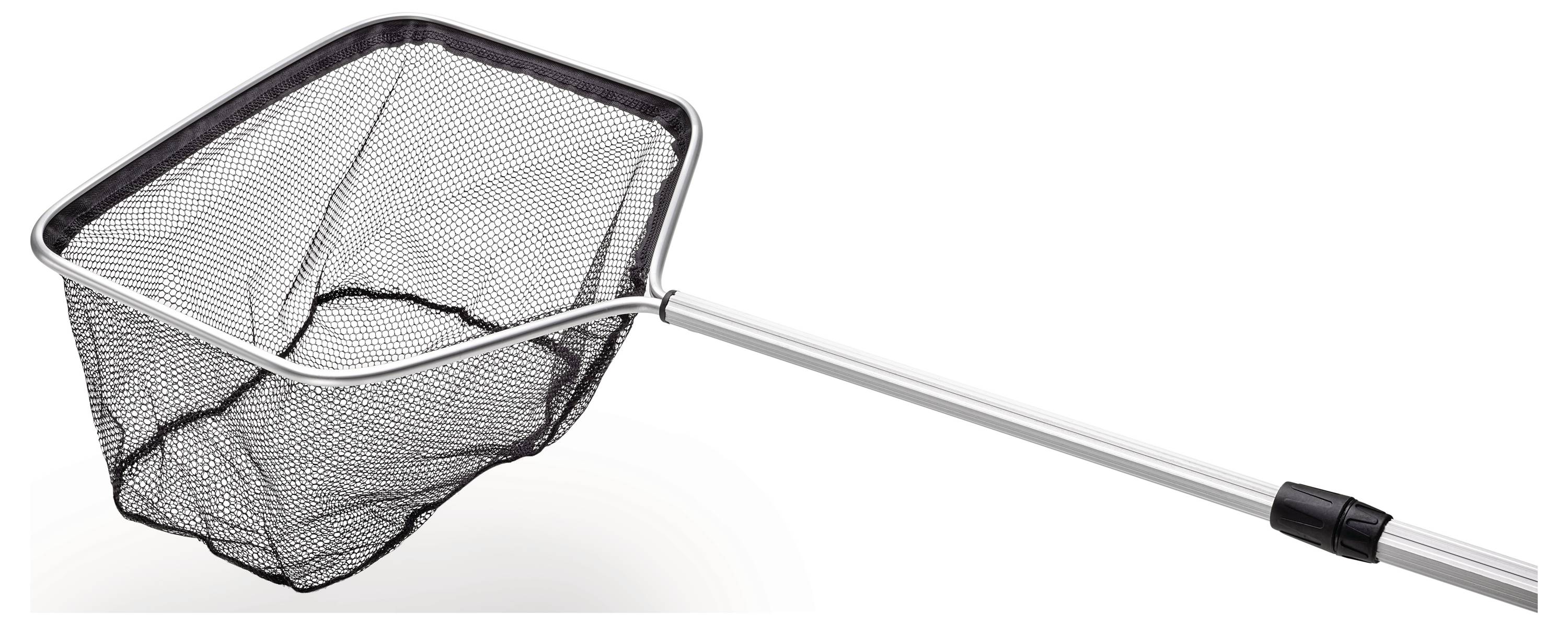 Ein Fischnetz mit einem ausziehbaren Griff in rechteckiger Form und feiner Maschenstruktur zum Fischfang.